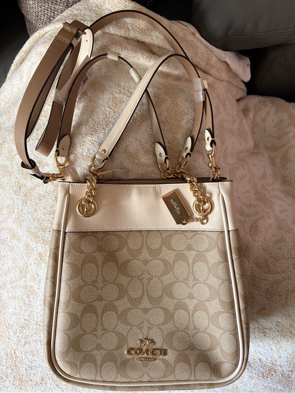 Coach Beige Signature Canvas Crossbody with Gold Hardware
